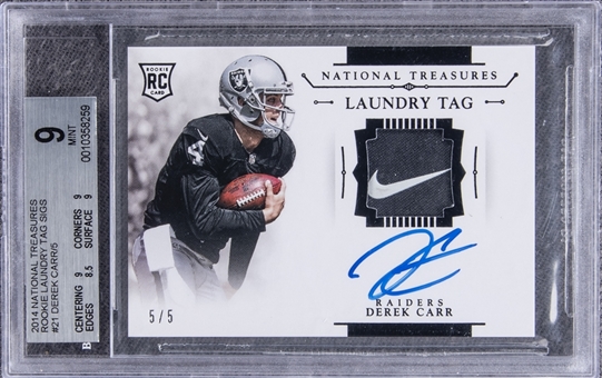 2014 National Treasures Rookie Laundry Tags Signatures #21 Derek Carr Rookie Card - (#5/5) - BGS MINT 9/BGS 10 
